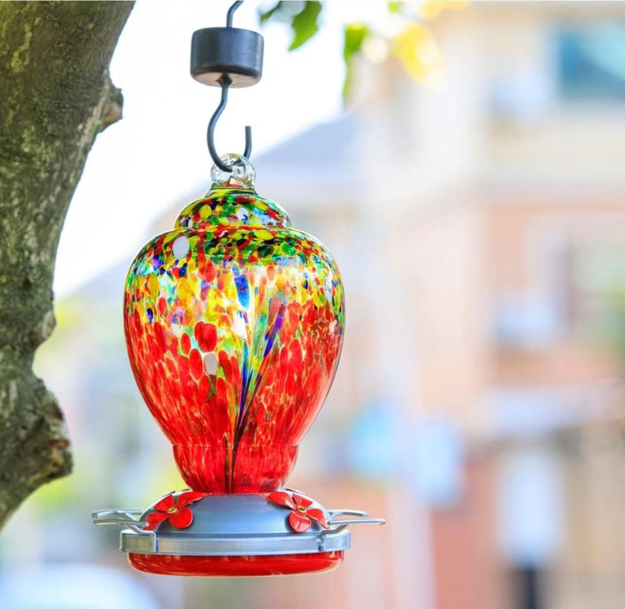 Hummingbird Feeder for Outdoors Patio Large 32 Ounces Colorful Hand Blown Glass Hummingbird Feeder with Ant Moat Hanging Hook, Rope, Brush and Service Card (RED-Firework)