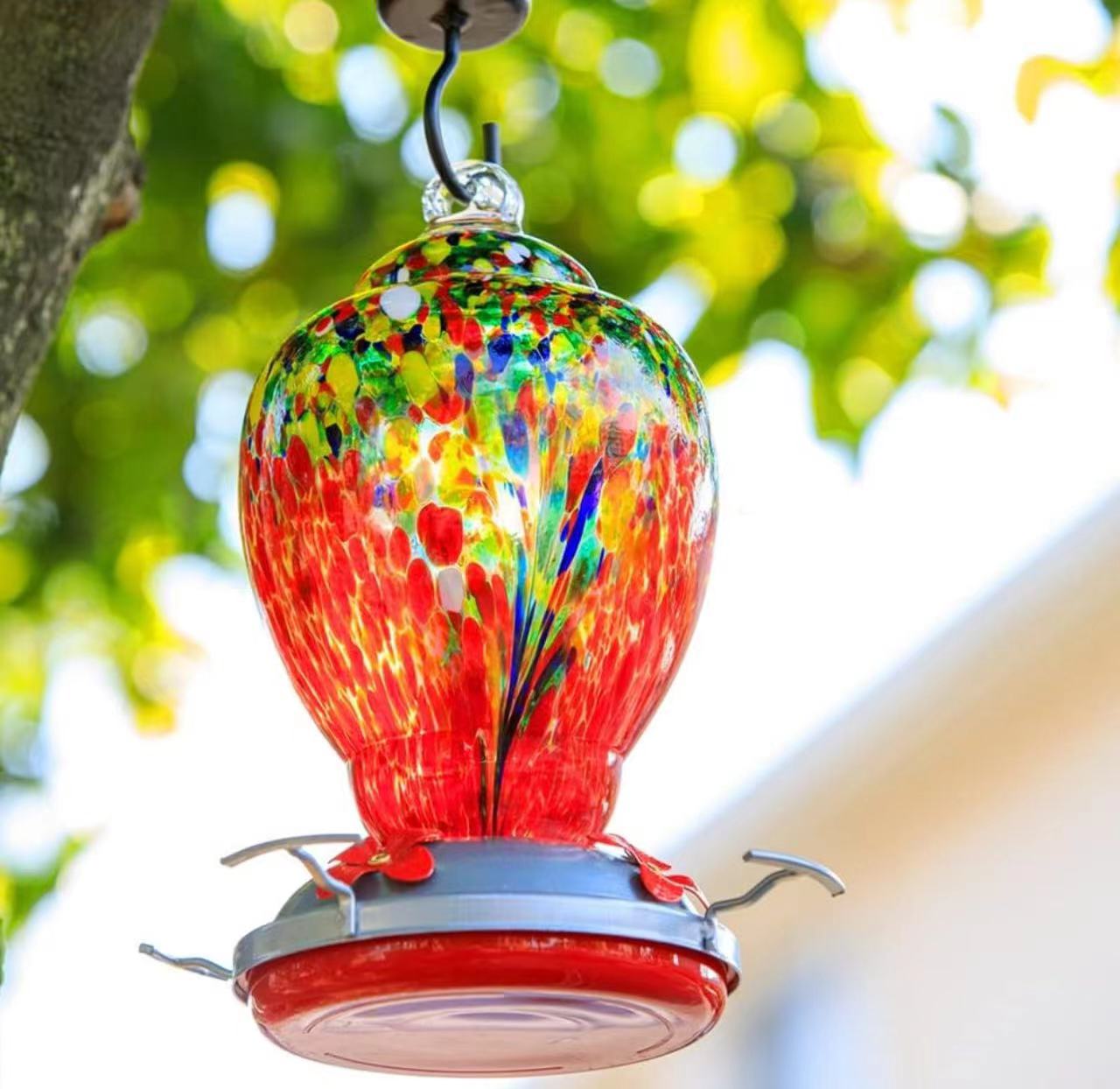 Hummingbird Feeder for Outdoors Patio Large 32 Ounces Colorful Hand Blown Glass Hummingbird Feeder with Ant Moat Hanging Hook, Rope, Brush and Service Card (RED-Firework)