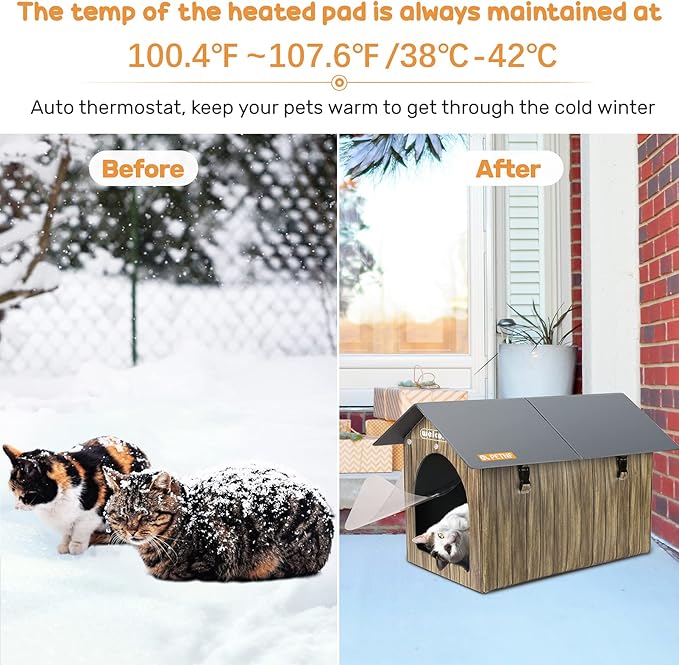 Heated Cat House, PETNF Waterproof Cat House for Indoor Outdoor Cats in Winter, Heated Cat Bed for Outside Feral Cats with Heated Pad, Weatherproof Insulated Kitty House Outdoor Shelter