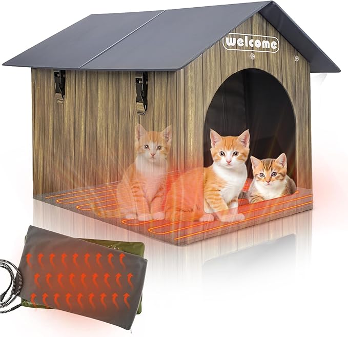 Heated Cat House, PETNF Waterproof Cat House for Indoor Outdoor Cats in Winter, Heated Cat Bed for Outside Feral Cats with Heated Pad, Weatherproof Insulated Kitty House Outdoor Shelter