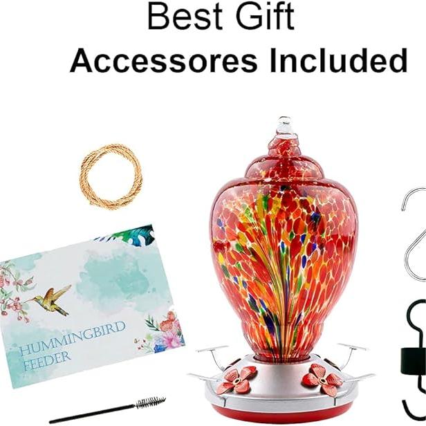 Hummingbird Feeder for Outdoors Patio Large 32 Ounces Colorful Hand Blown Glass Hummingbird Feeder with Ant Moat Hanging Hook, Rope, Brush and Service Card (RED-Firework)